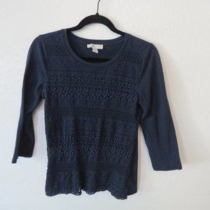 3/4 Sleeve Navy Blouse with Floral cutout overlay